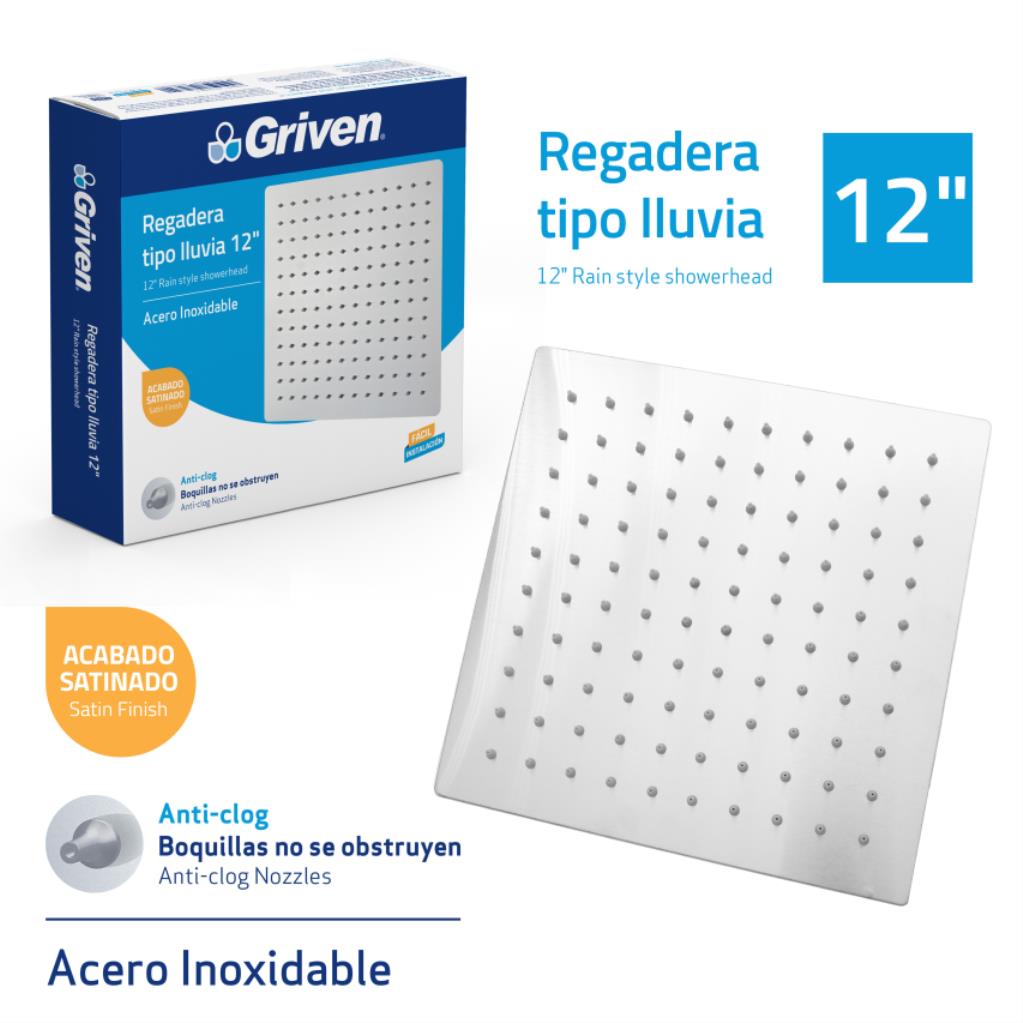 Regadera cuadrada satinada 12" griven