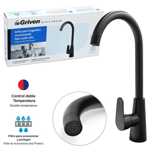 [a367-bf602-3-8] Llave de fregador monomando negro griven